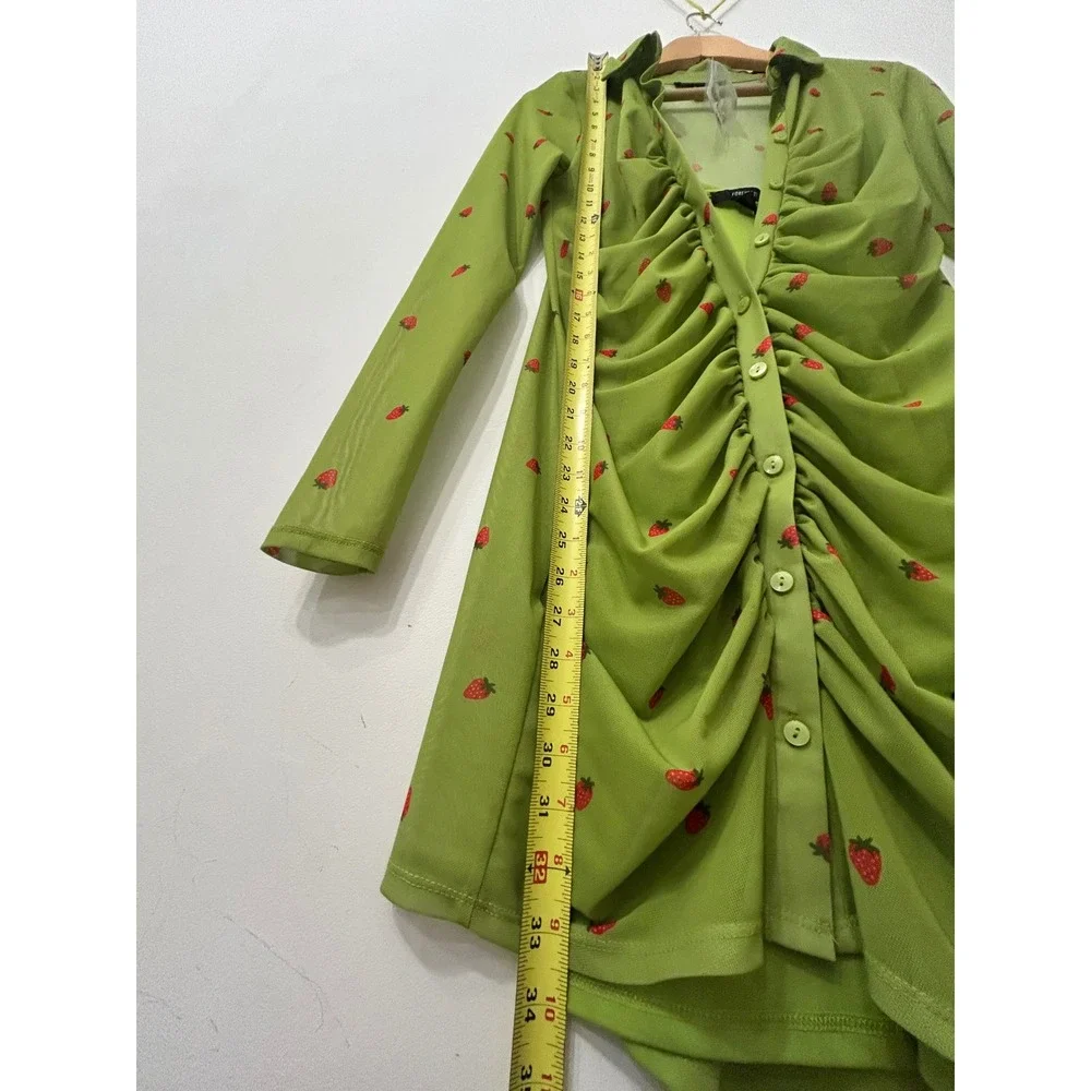Forever 21 Strawberry Print Ruched Mesh Mini Dress Green Long Sleeve Medium NWT